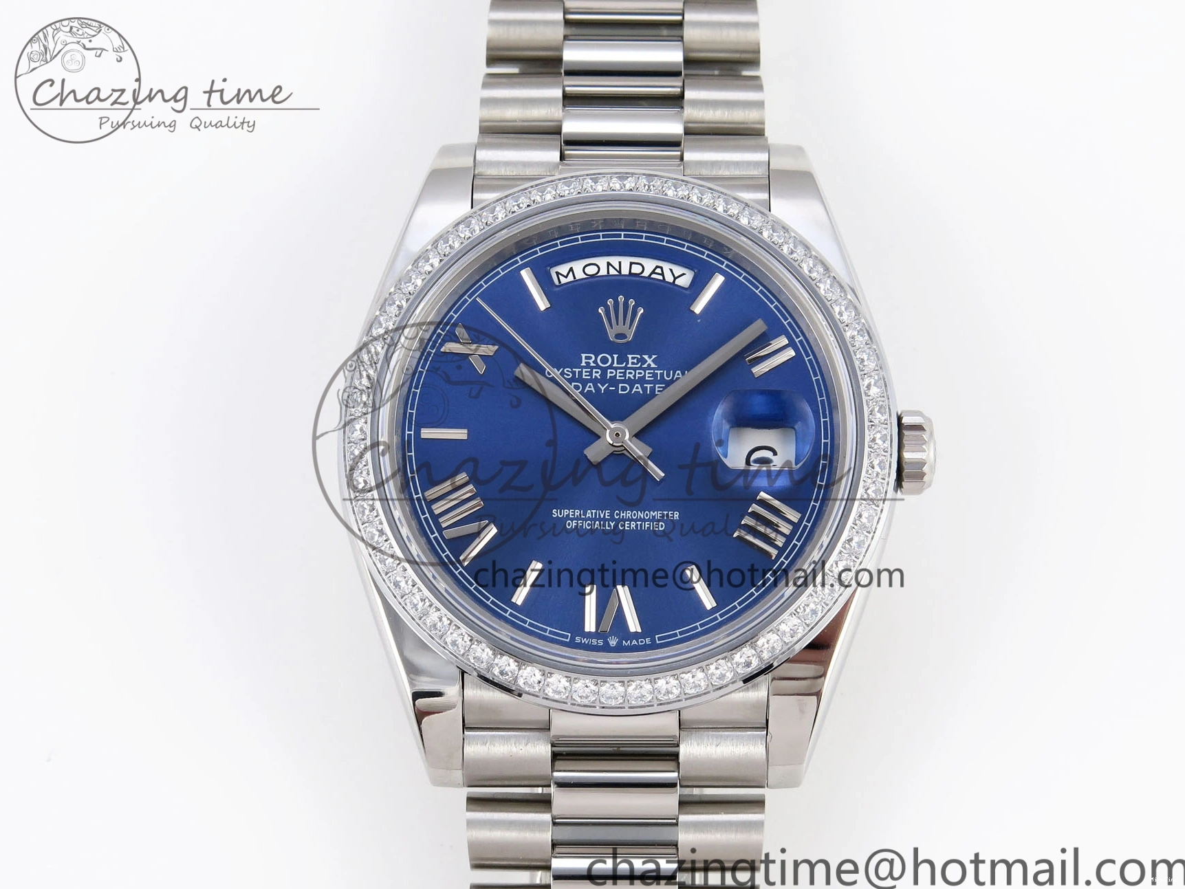 MiroTime 0523 QuickDry DayDate 40 SS GSF Gain Weight Blue Roman Dial Diamonds Bezel on President Bracelet A 1917